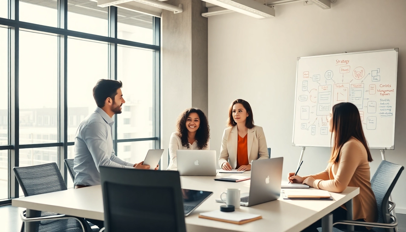 Team members engaged in Strategy Capture Management brainstorming session in a modern office.