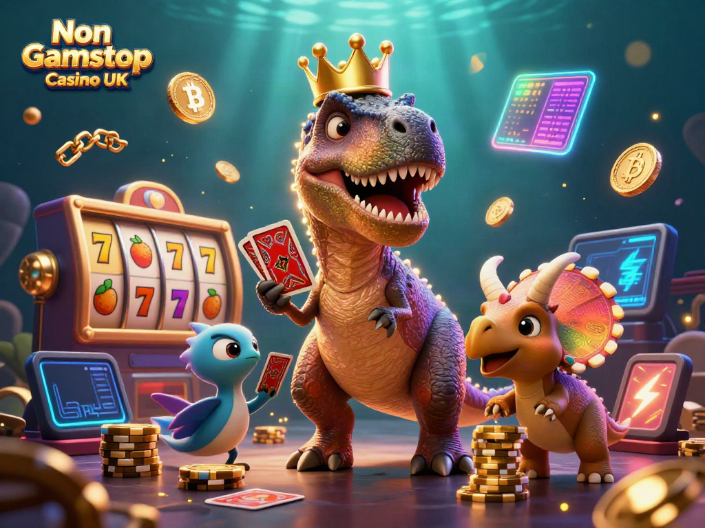 Engage with Non Gamstop Casino UK in a vibrant casino scene featuring a T-Rex, a pterodactyl, and a triceratops.