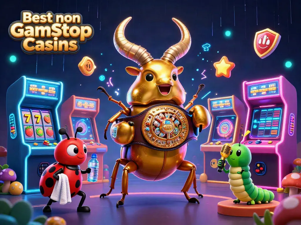 Experience the excitement at the Best non Gamstop Casinos with a vibrant 3D illustration featuring iconic gambling symbols.