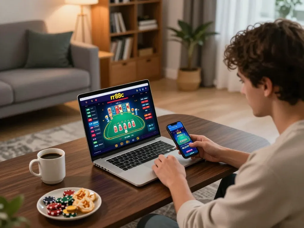 Player engaging with rr88c casino app on a laptop, showcasing a vibrant poker game interface in a stylish home environment.