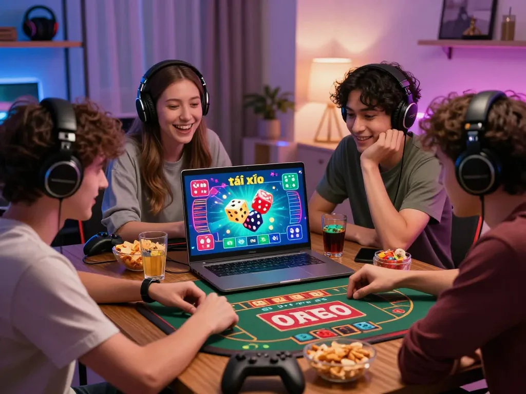Group of friends enjoying tài xỉu online gaming session with excitement and snacks