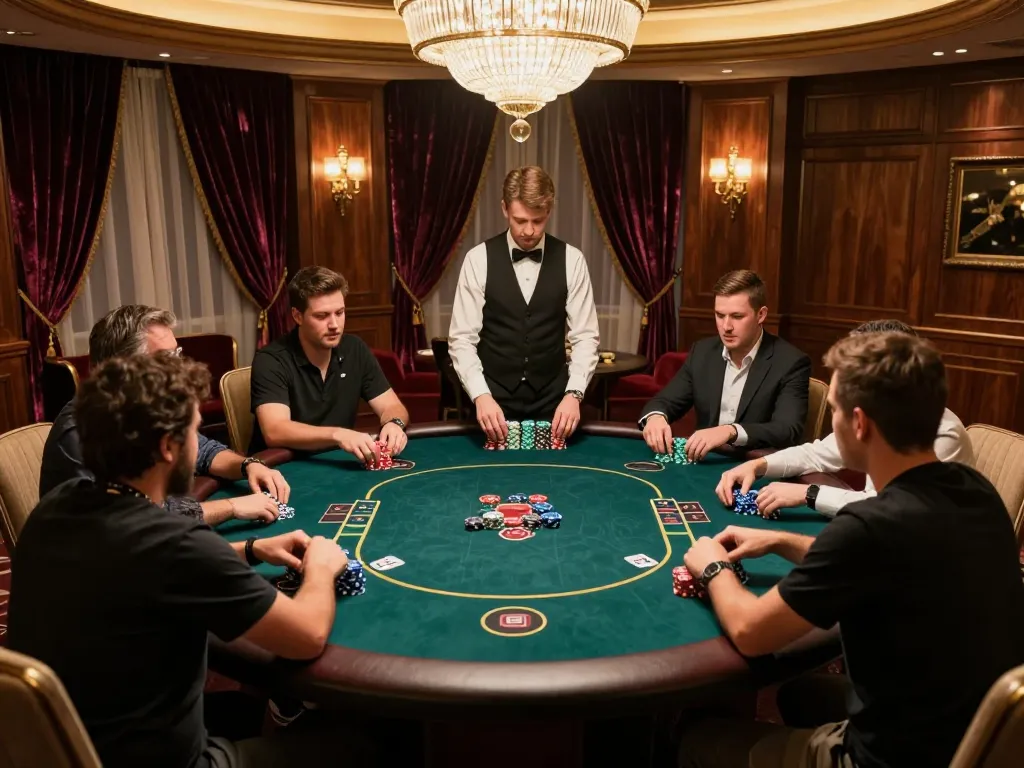 Rik vip players strategizing at a high-stakes poker table in an upscale casino.