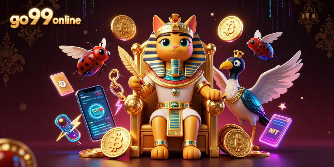 Engage with the dynamic world of go99online featuring vibrant gaming elements and classic Egyptian characters.