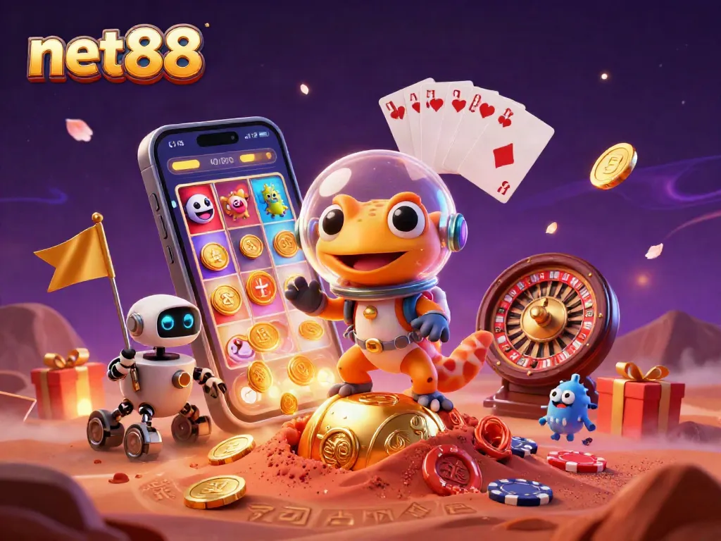 Engage with net88's vibrant alien-themed casino scene, featuring a playful gecko and dynamic gaming elements.