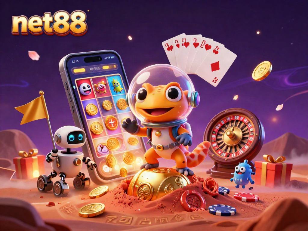 Engage with net88's vibrant alien-themed casino scene, featuring a playful gecko and dynamic gaming elements.