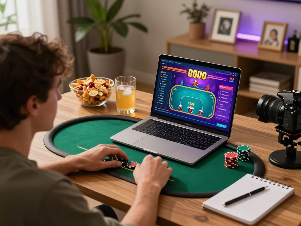 Person enjoying live poker on their laptop, encapsulating the excitement and engagement of 8kbetbh online gaming.