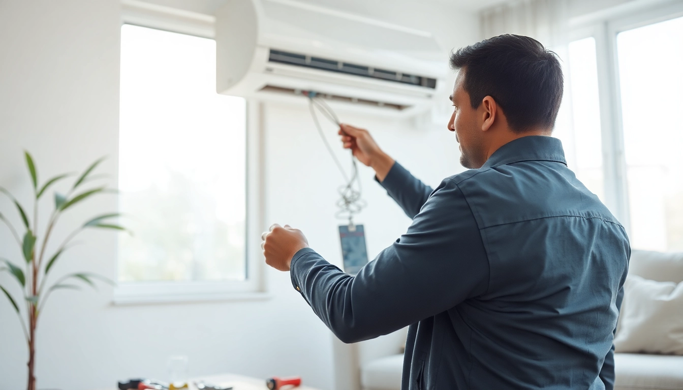 Performing Air Conditioning Repair Tampa in a bright living room by a qualified technician.