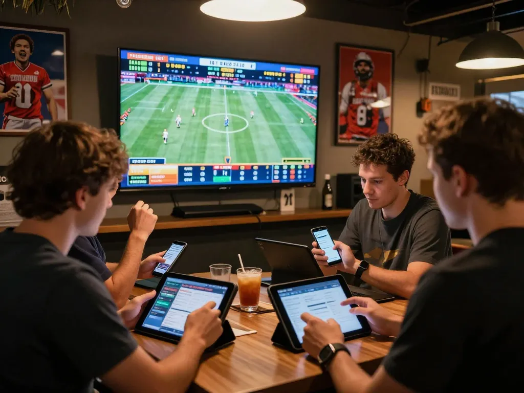 Five88 players intensely engaging in sports betting while closely analyzing game odds on screens.