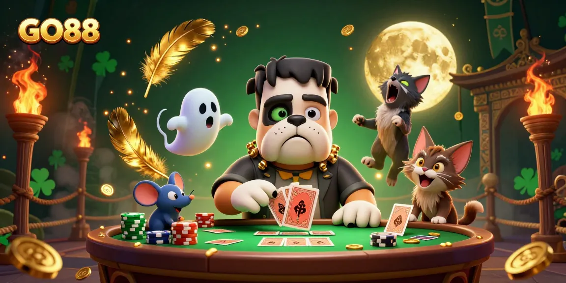 GO88 gaming scene with a whimsical bulldog dealer and ghostly elements amidst vibrant casino actions.