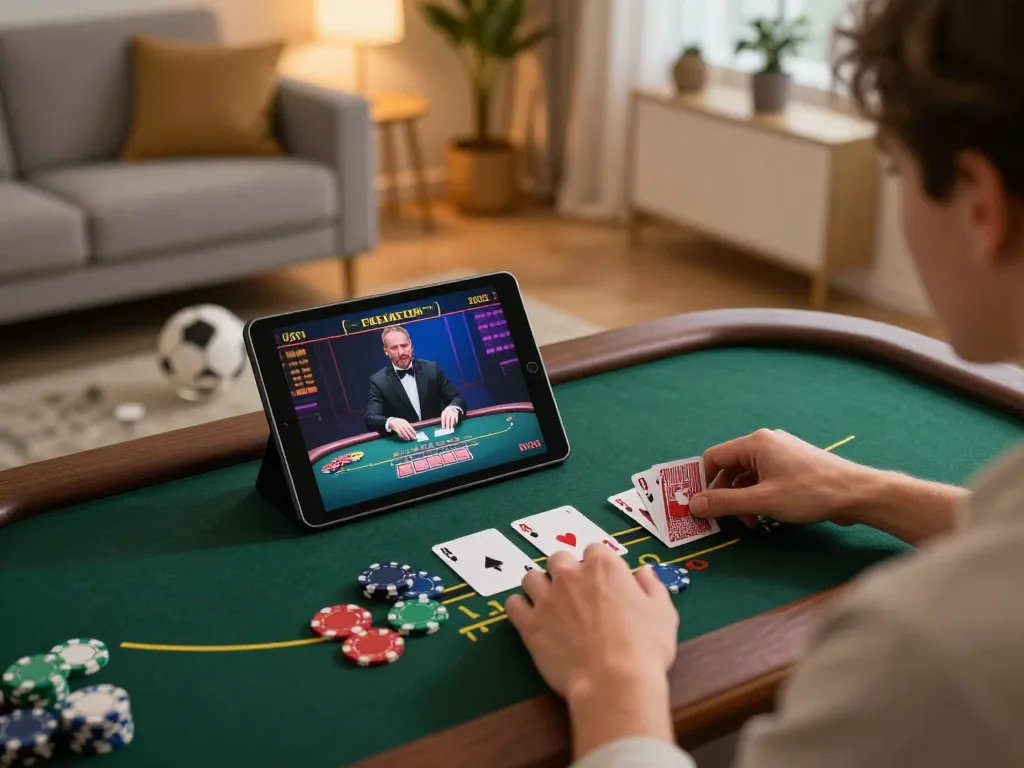 Player enjoying live dealer blackjack at home on KK55, showcasing strategic gameplay.