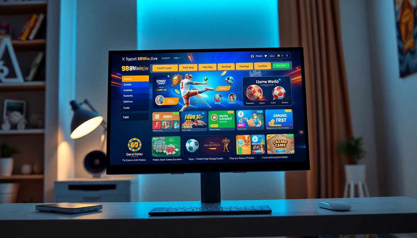 Interactive gaming platform interface from 98winwin.live displayed in a modern office setting, showcasing vibrant features.