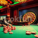 Players enjoying poker at a luxurious casino table at okfun, showcasing excitement and vibrant action.