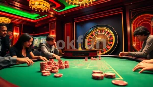 Players enjoying poker at a luxurious casino table at okfun, showcasing excitement and vibrant action.
