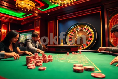 Players enjoying poker at a luxurious casino table at okfun, showcasing excitement and vibrant action.