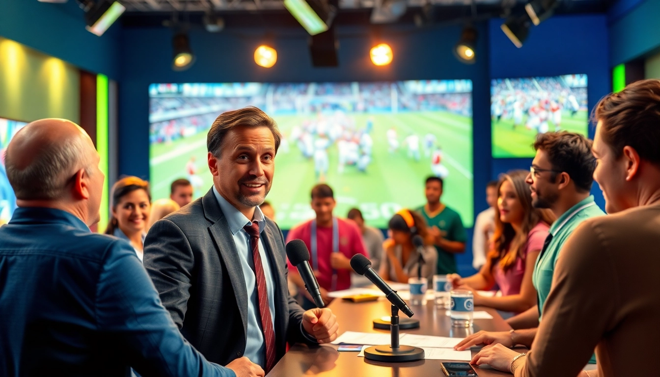 Engaged host delivering insights on Sports Broadcasting in a lively studio.