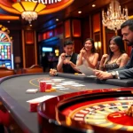 Kuwin gaming excitement at a luxury casino with roulette and cards.