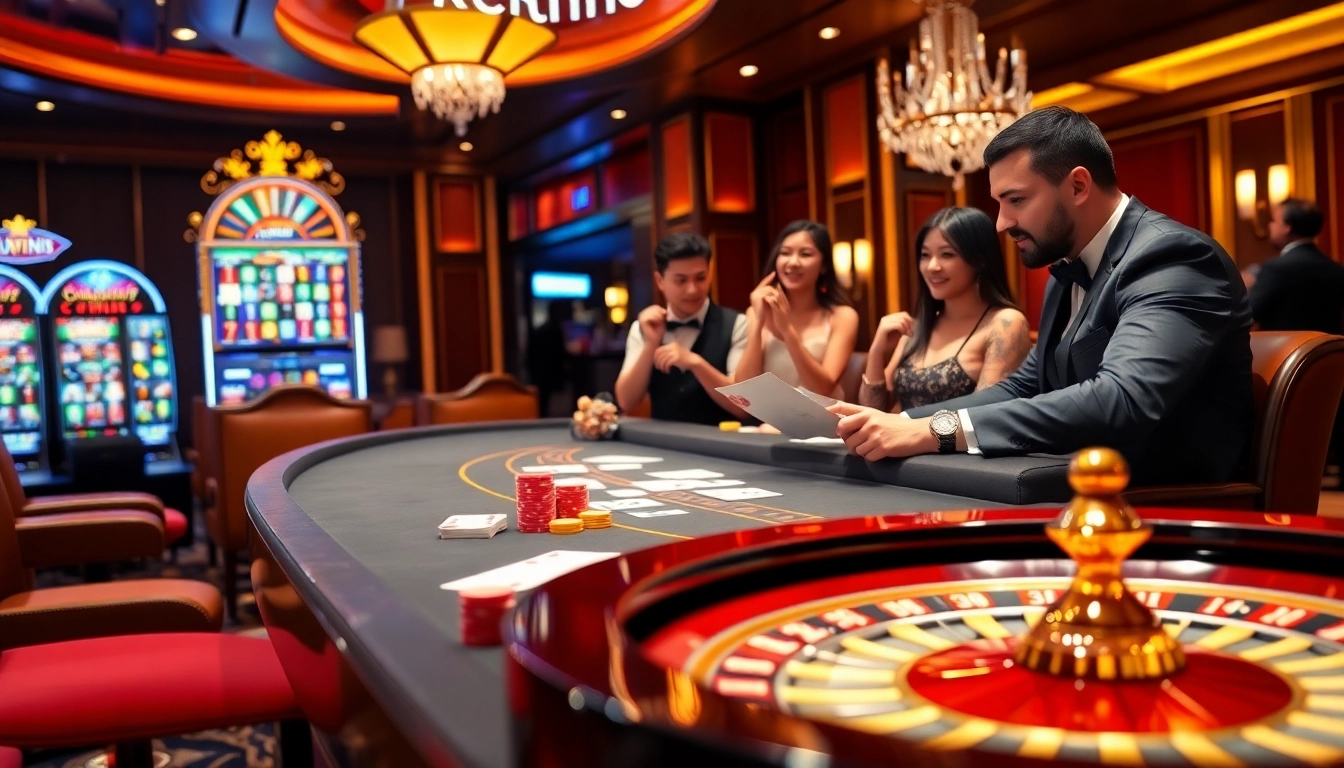 Kuwin gaming excitement at a luxury casino with roulette and cards.
