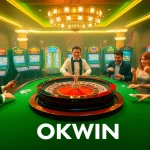Experience the excitement of OKWIN's luxurious casino environment with players at the roulette table.