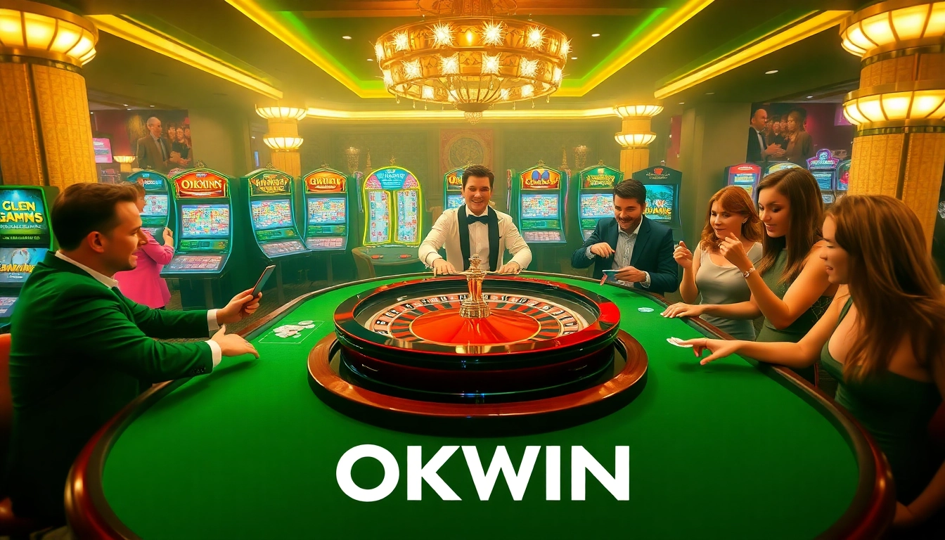 Experience the excitement of OKWIN's luxurious casino environment with players at the roulette table.