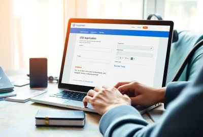 Filling out the eta uk application form on a laptop with travel essentials.