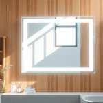 Bright led mirror bathroom reflecting stylish fixtures and warm wooden accents.
