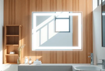 Bright led mirror bathroom reflecting stylish fixtures and warm wooden accents.