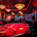 Engaging casino scene with 88xx-themed roulette wheel, poker players, and vibrant slot machines.