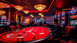 Engaging casino scene with 88xx-themed roulette wheel, poker players, and vibrant slot machines.