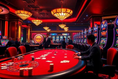 Engaging casino scene with 88xx-themed roulette wheel, poker players, and vibrant slot machines.