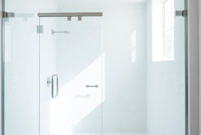 Showcasing glass shower doors with sleek design and reflective qualities in a modern bathroom