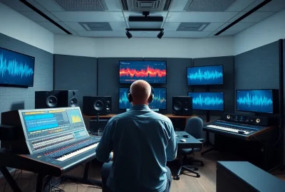 Engaging online audio mastering studio with sound engineer, showcasing professional equipment and vibrant soundwave visuals.