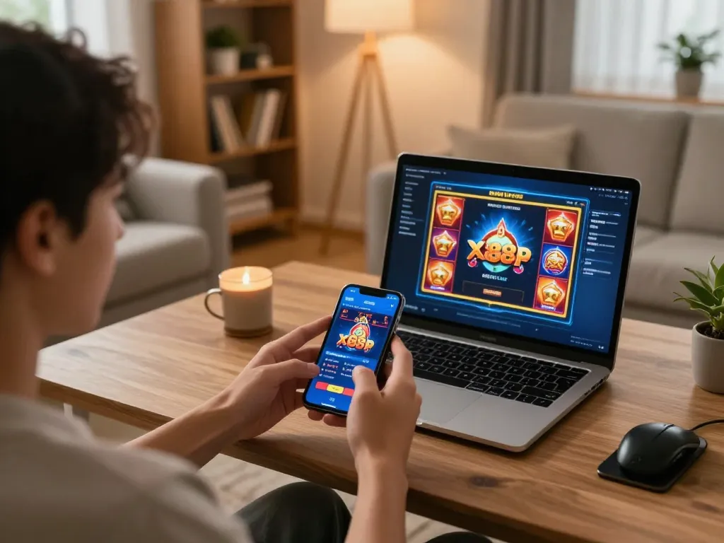 Play engaging games at X88 via mobile app in a cozy home setting featuring dynamic gaming options.