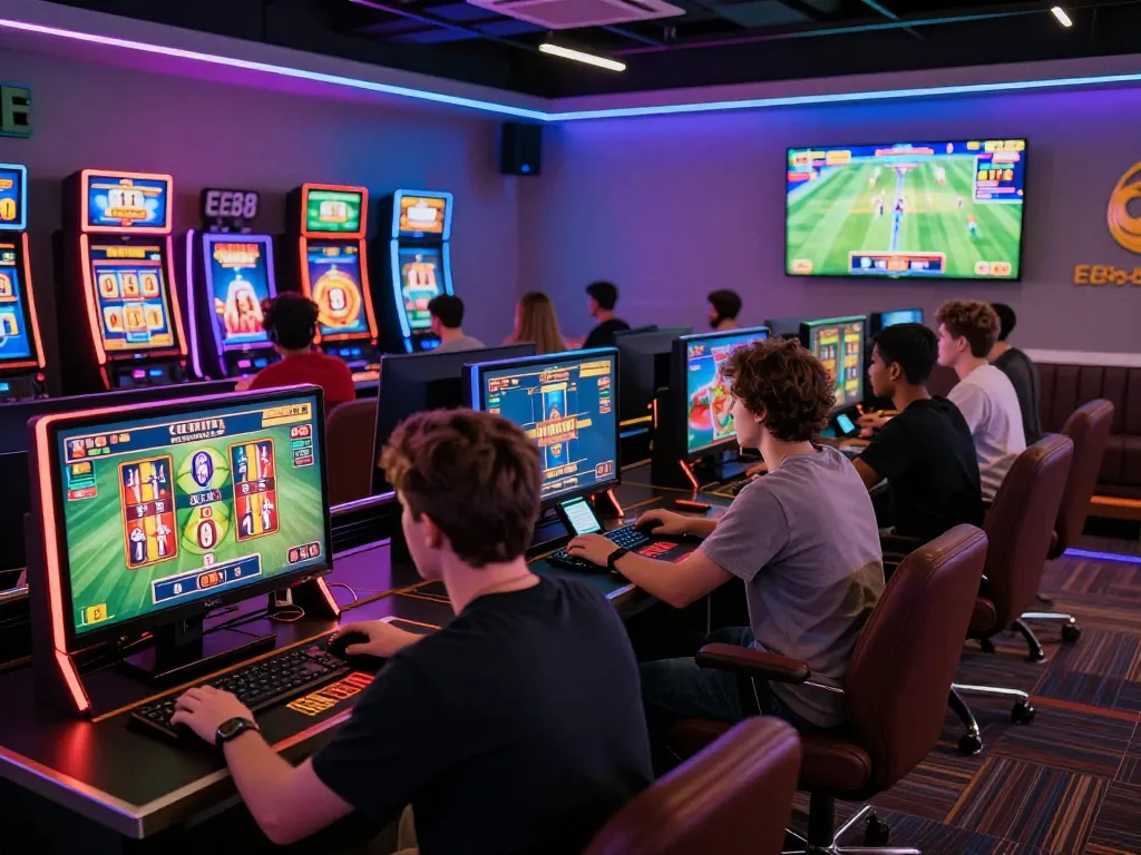 Players enjoying engaging experiences at EE88 online casino games in a vibrant gaming lounge.