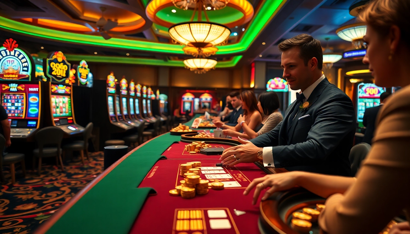 Exciting casino atmosphere showcasing Ga6789 with players celebrating wins at gambling tables.