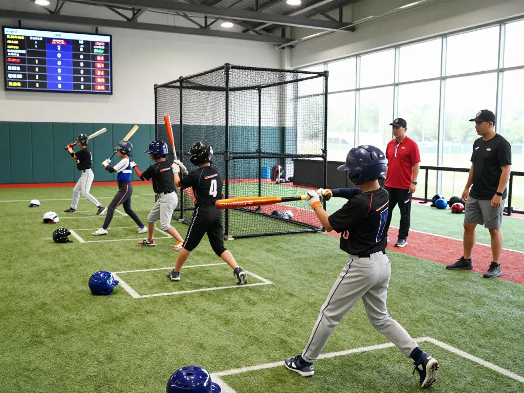 Young athletes at the hitclub baseball training facility practicing batting techniques with coaches and equipment on display.