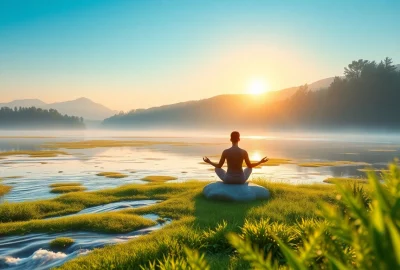 Embracing mental wellness through mindfulness in a tranquil natural retreat.