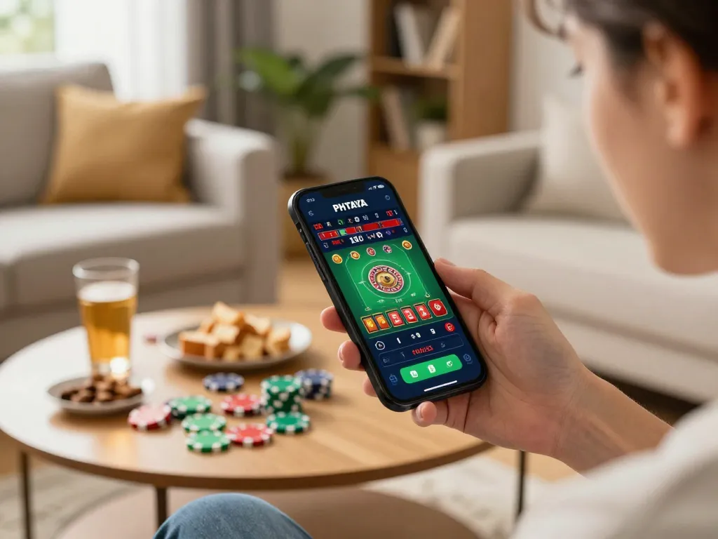 PHTAYA mobile gaming scene with a player focused on live dealer roulette in a cozy home.