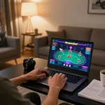 Engaging in online gaming at home with Nhà Cái RR88 displayed on the laptop screen