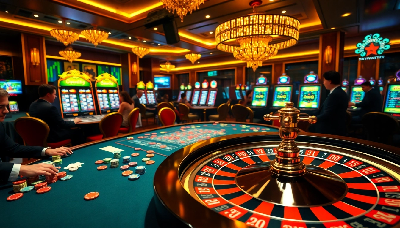 Kuwin 789 poker table game with vibrant chips and a spinning roulette wheel in a luxurious casino.