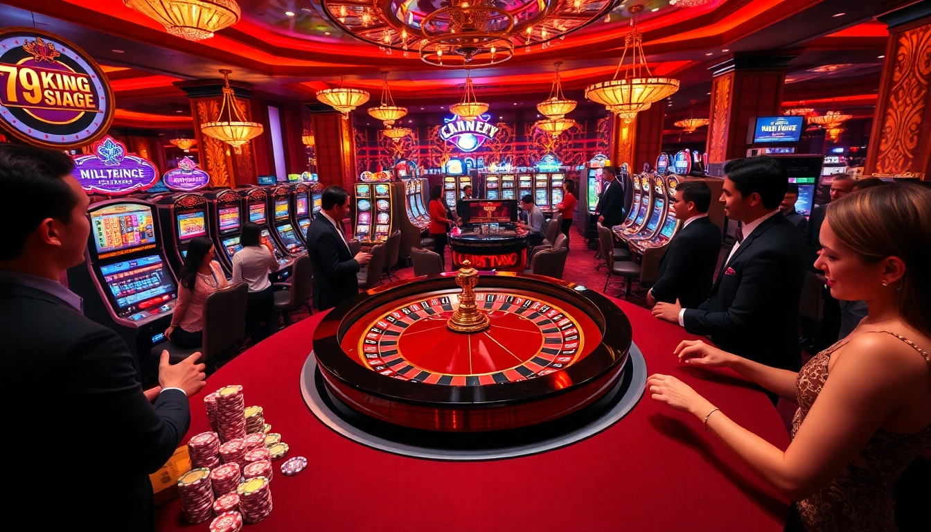 79KING casino scene showcasing vibrant roulette action with players and glowing slot machines.