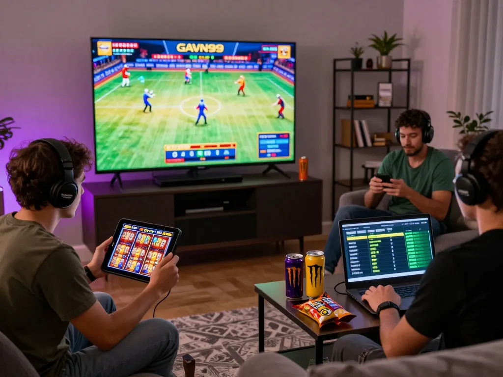Engaging online gaming experience at https://www.gavn99.app/ with players enjoying various betting activities, showcasing excitement and modern home setup.