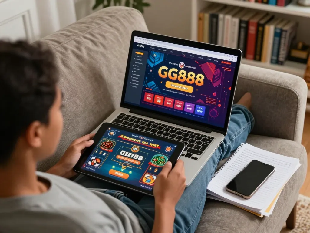 Engaged player using GG888 on laptop, with strategic notes nearby in a cozy home setting.