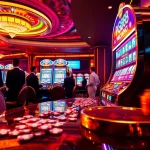 Experience the thrill of pg888 slot machines in a luxurious casino atmosphere with vibrant lights.