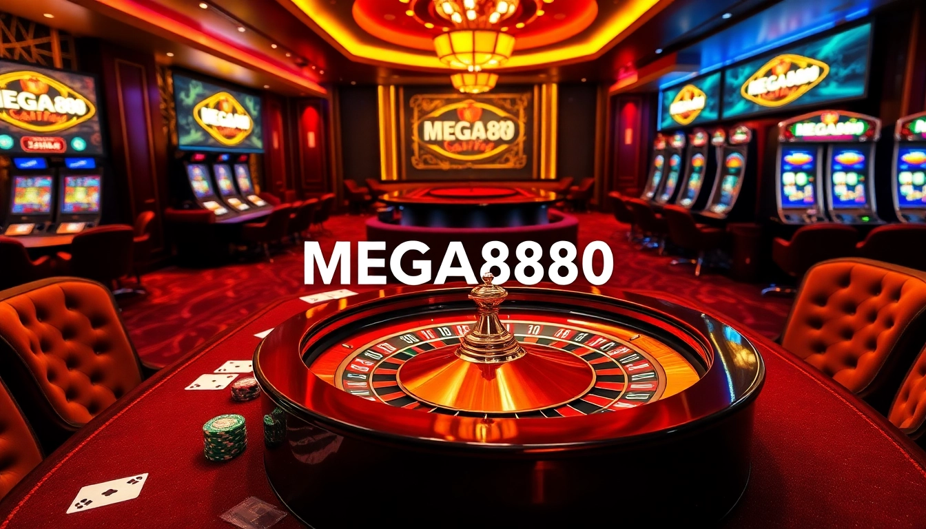 Engage in thrilling gameplay with MEGA888 APK at a luxurious casino table featuring vibrant chips and cards.