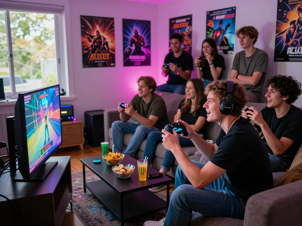 Engaged gamer playing tải hitclub in a vibrant living room with friends.