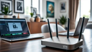 Set up the best vpn router in a sleek home office with modern devices and a tech-savvy atmosphere.