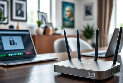 Set up the best vpn router in a sleek home office with modern devices and a tech-savvy atmosphere.