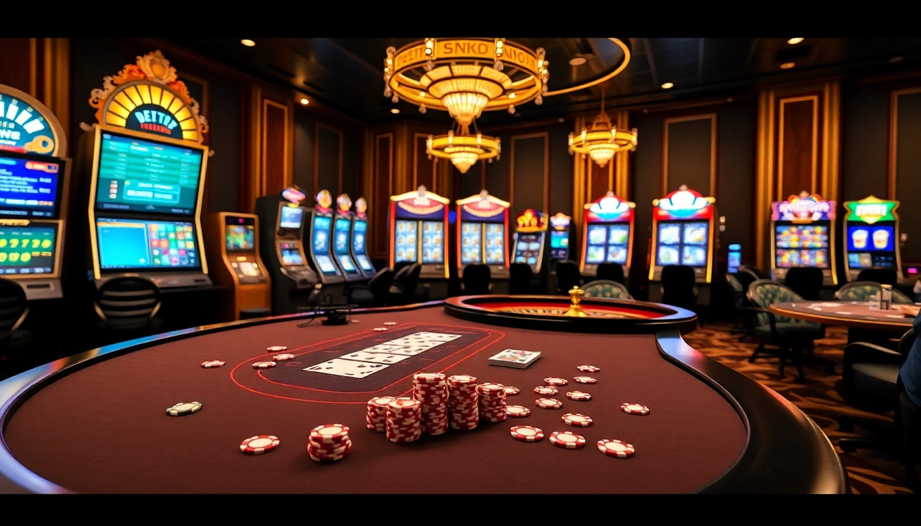 Experience the excitement of nhà cái f168 with vibrant casino visuals showcasing poker and slot machines.