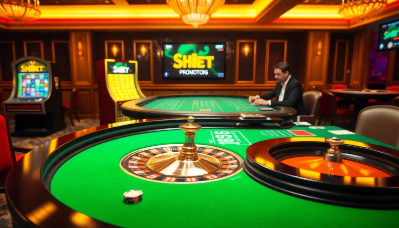 SHBET casino scene with poker tables, vibrant slot machines, and high-stakes excitement.