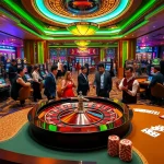 Engaging scene of gamblers playing at cm888 casino with roulette, slots, and poker tables.